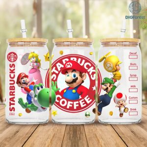 Super Mario Libbey 16oz Can Glass Wrap PNG, Mario 16oz Glass Can Sublimation Design, Aesthetic Retro Coffee Can Glass PNG, Digital Download