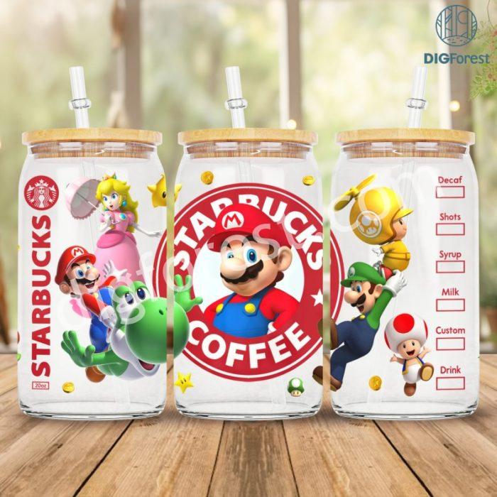 Super Mario Libbey 16oz Can Glass Wrap PNG, Mario 16oz Glass Can Sublimation Design, Aesthetic Retro Coffee Can Glass PNG, Digital Download