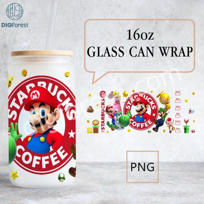 Super Mario Libbey 16oz Can Glass Wrap PNG, Mario 16oz Glass Can Sublimation Design, Aesthetic Retro Coffee Can Glass PNG, Digital Download