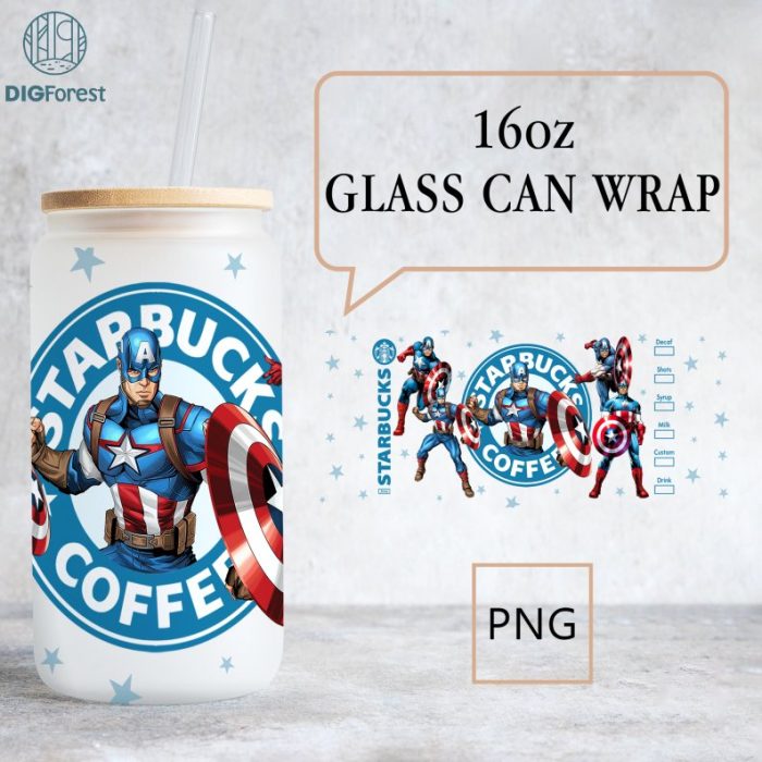 Captain America 16oz Glass Can Wrap, 16oz Libbey Can Png, Superhero Avengers Tumbler Wrap, Full Glass Can Wrap, 16oz Iced Coffee Cup Design