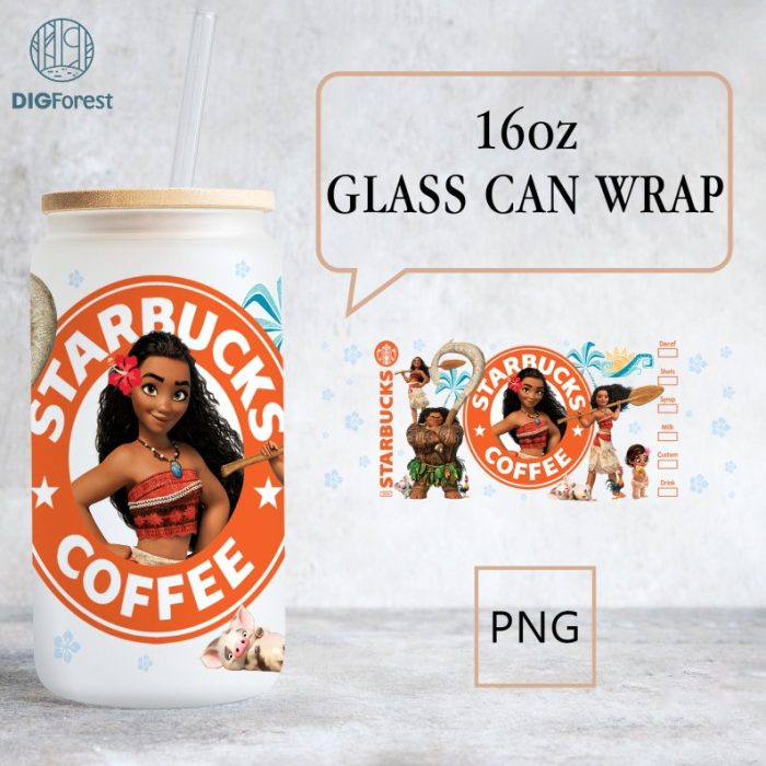 Moana Coffee Cup 16 Oz Libbey Glass Can Wrap Png Sublimation Digital Download, 16oz Iced Coffee Cup Png, Png Files For Sublimation