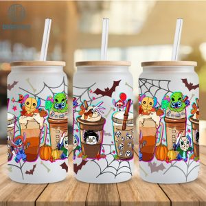 Disney Halloween Costume Stitch Coffee Glass Wrap png, 16oz Libbey Glass Can Wrap, Trick Or Treat, Spooky Vibes, Stitch Horror Friends PNG