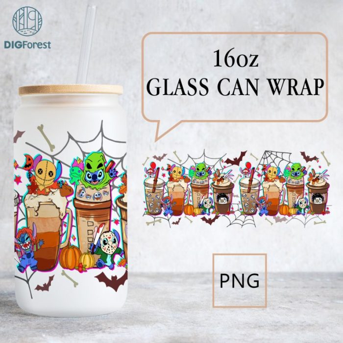 Disney Halloween Costume Stitch Coffee Glass Wrap png, 16oz Libbey Glass Can Wrap, Trick Or Treat, Spooky Vibes, Stitch Horror Friends PNG