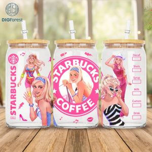 Barbie Starbucks Coffee Glass can Wrap PNG, Pink Doll Libbey Wrap PNG, Barbie Doll Tumbler Wrap Png, 16oz Glass Can Wrap Png