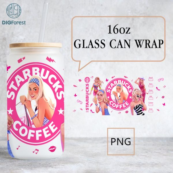 Barbie Starbucks Coffee Glass can Wrap PNG, Pink Doll Libbey Wrap PNG, Barbie Doll Tumbler Wrap Png, 16oz Glass Can Wrap Png