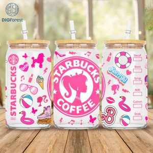 Barbie Glass can Wrap PNG, Barbie Pink Doll Starbucks Coffee Libbey Wrap PNG, 16oz Glass Can Wrap Png