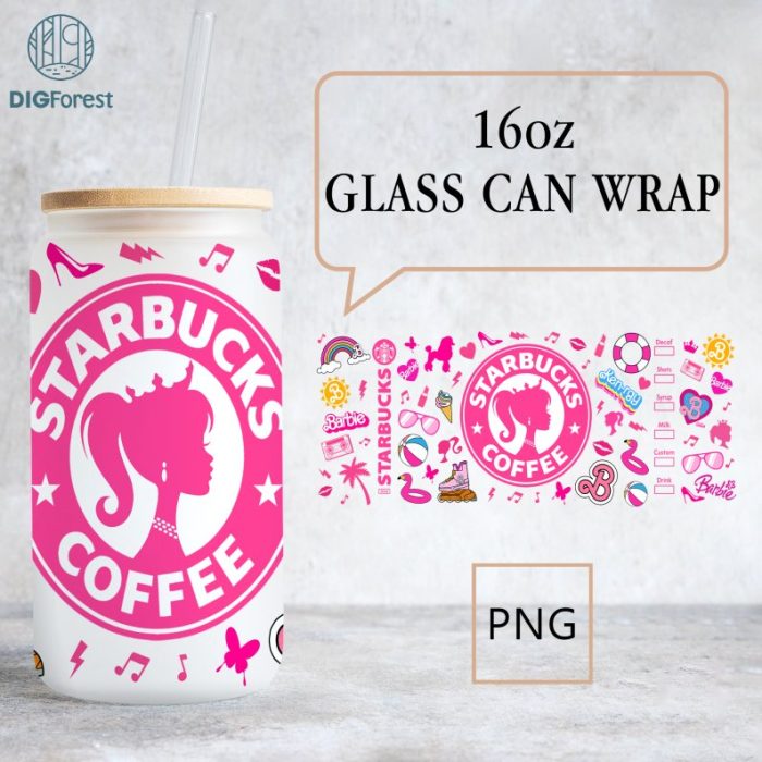 Barbie Glass can Wrap PNG, Barbie Pink Doll Starbucks Coffee Libbey Wrap PNG, 16oz Glass Can Wrap Png