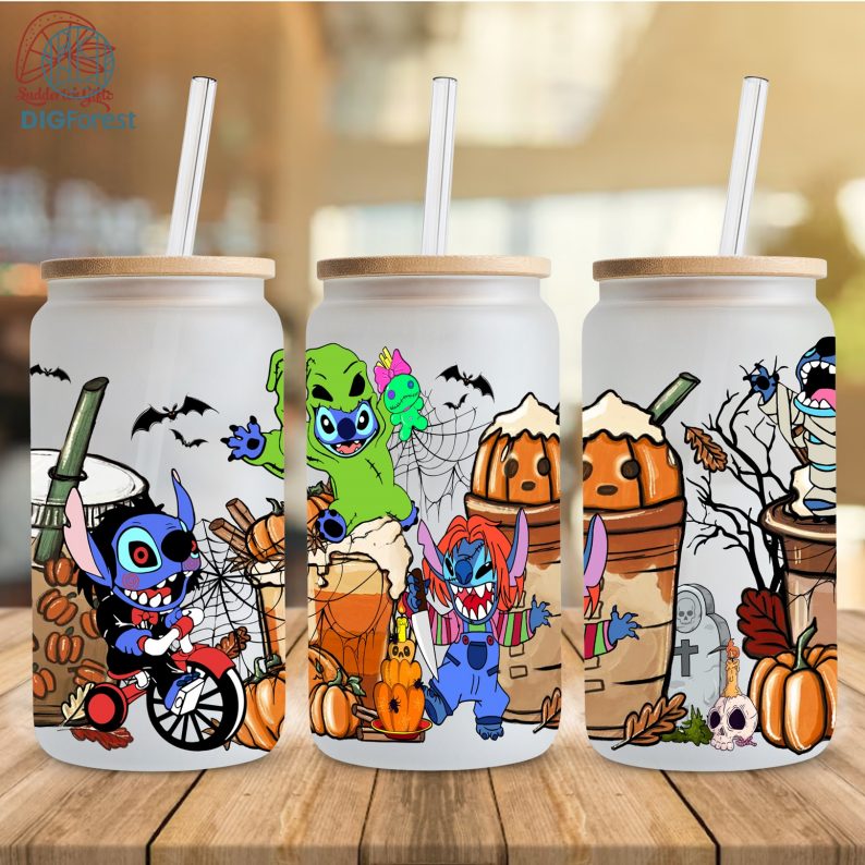 Stitch Costume Horror Characters Coffee Glass Wrap png, 16oz Libbey Glass Can Wrap, Trick Or Treat, Spooky Vibes, Stitch Horror Tumbler Wrap