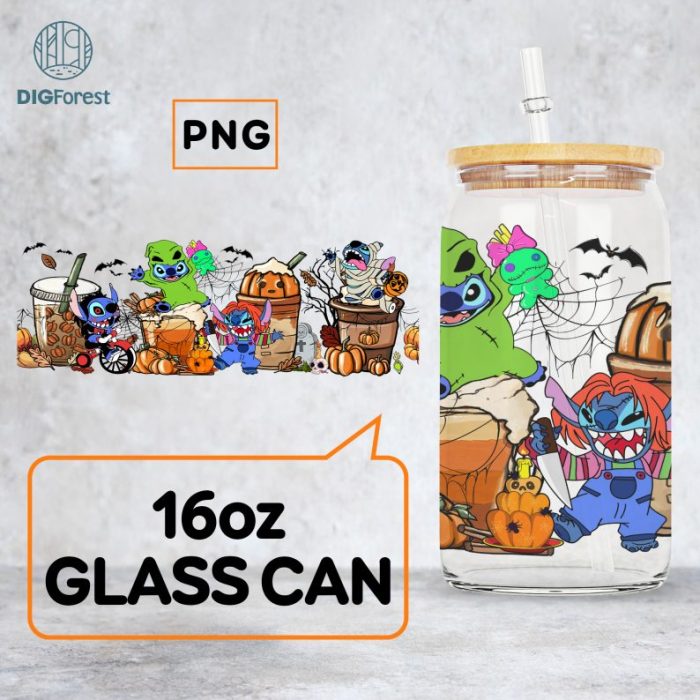 Stitch Costume Horror Characters Coffee Glass Wrap png, 16oz Libbey Glass Can Wrap, Trick Or Treat, Spooky Vibes, Stitch Horror Tumbler Wrap