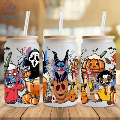 Stitch Costume Pumpkin Spice Libbey Glass Can Wrap, Horror Characters PNG, Fall Png, Trick Or Treat, Spooky Vibes,Stitch Horror Tumbler Wrap