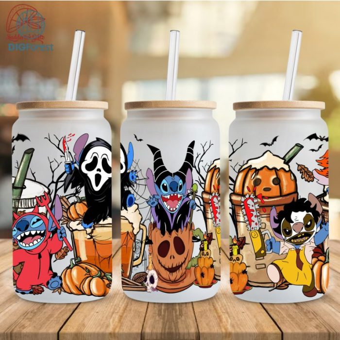 Stitch Costume Pumpkin Spice Libbey Glass Can Wrap, Horror Characters PNG, Fall Png, Trick Or Treat, Spooky Vibes,Stitch Horror Tumbler Wrap