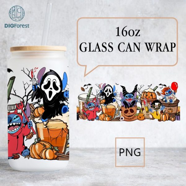 Stitch Costume Pumpkin Spice Libbey Glass Can Wrap, Horror Characters PNG, Fall Png, Trick Or Treat, Spooky Vibes,Stitch Horror Tumbler Wrap
