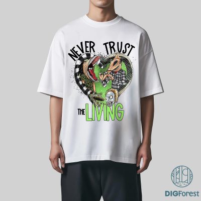 Beetlejuice Halloween PNG – Never Trust the Living, Funny Halloween Text, Skull & Grave PNG Design