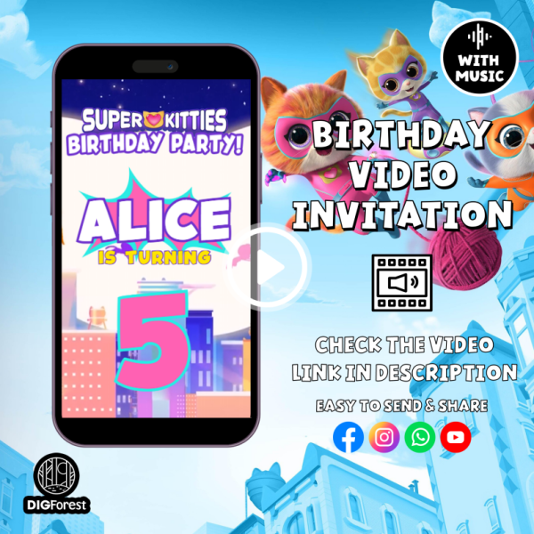 Super Kitties Birthday Invitation, Editable On Canva, Girl Birthday Party Invitations, Super Kitties Birthday Party, Kitties Printable