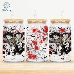 Horror Characters Glass Can Wrap Png | 16oz Libbey Glass Can Wrap | Horror Tarot Deck Libbey Glass Can PNG, Halloween 16 Oz Glass Cup