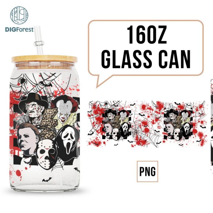 Horror Characters Glass Can Wrap Png | 16oz Libbey Glass Can Wrap | Horror Tarot Deck Libbey Glass Can PNG, Halloween 16 Oz Glass Cup