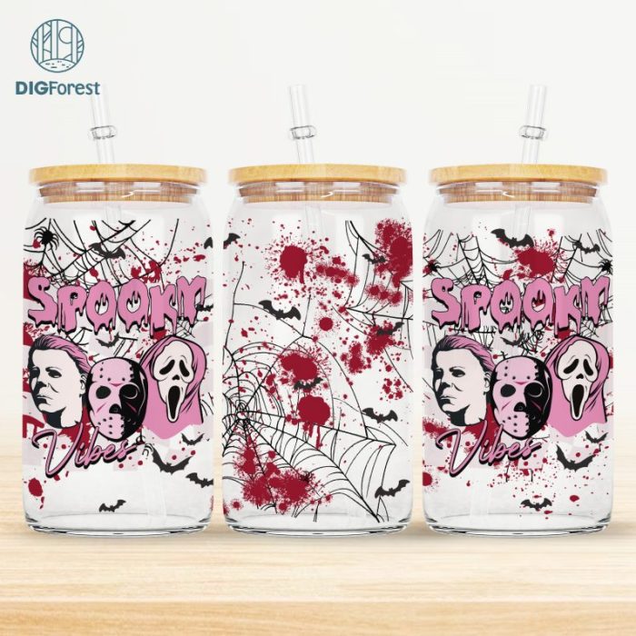 Horror Movie Characters Libbey Tumbler Wrap Template Pink | Spooky Vibes | Halloween Libbey Wrap | Horror Friends Tumbler Wrap | Horror Png