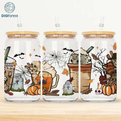 Horror Movie Coffee Latte Villains Glass Wrap, 16oz Libbey Glass Can Wrap, Scary Faces, Horror movie Villains Libbey Tumbler Wrap Template