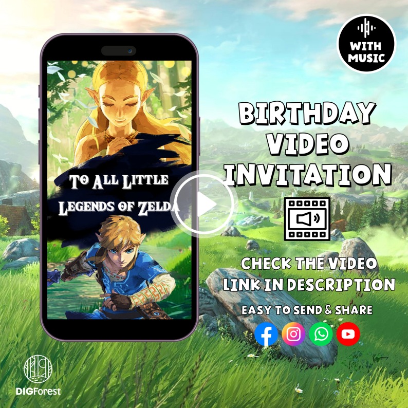 The Legend of Zelda Birthday Party Invitation Video, Zelda Tears of the Kingdom Birthday Party Invite, Zelda Link Editable Canva Template