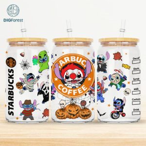 Instant Download, Halloween Stitch 16oz Glass Can Wrap, Horror Stitch PNG, Scary Movie Characters PNG Glass Can, Trick Or Treat Glass Can