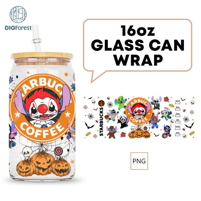 Instant Download, Halloween Stitch 16oz Glass Can Wrap, Horror Stitch PNG, Scary Movie Characters PNG Glass Can, Trick Or Treat Glass Can