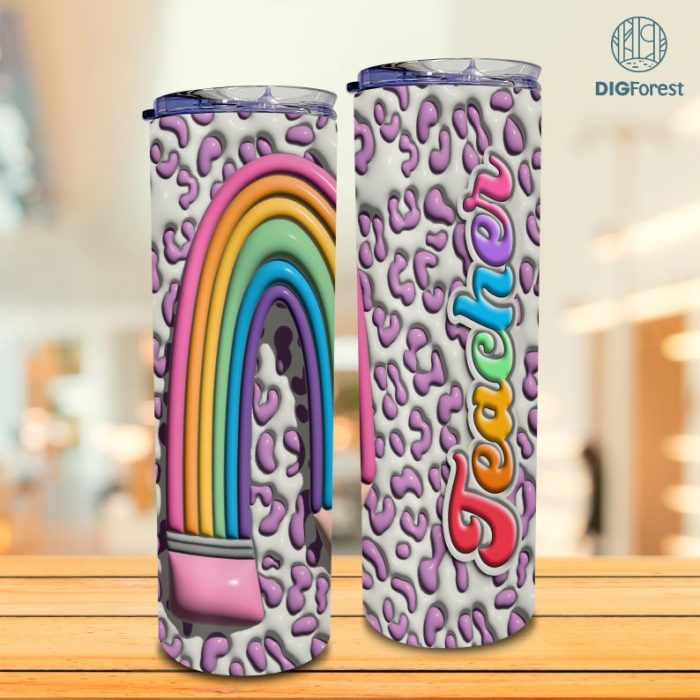 3D Inflated Teacher Tumbler Wrap, 3D Teacher Rainbow Mug Puffy Tumbler Design Skinny Sublimation, 3D Inflated Leopard Tumbler Wrap 20oz png