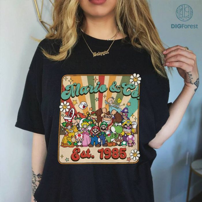 Retro Mario & Co EST 1985 PNG, Printable Mario Shirt, Super Mario Png, Super Mario Bros, Digital Mario, Princess Peach Png, Super Mario Birthday