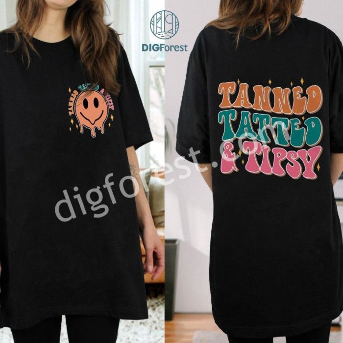 Tanned Tatted And Tipsy Png, Summer Smiley Face Sublimation Shirt, Tan And Tipsy Png, Retro Summer Png, Trendy Summer PNG