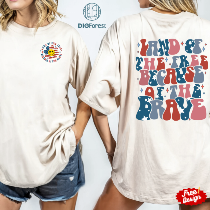 Land Of The Free Because Of The Brave Y2K Png, America Fourth of July Shirt, Happy 4th Of July Png, Independence Day, Retro Smiley Face, Digital Download