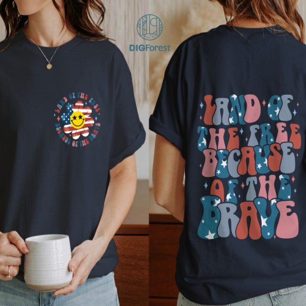 Land Of The Free Because Of The Brave Y2K Png, America Fourth of July Shirt, Happy 4th Of July Png, Independence Day, Retro Smiley Face, Digital Download