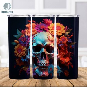 Floral Skull 3D Tumbler Wrap | Skull Flowers Tumbler Sublimation | Skull Watercolor Tumbler Png | Skull Watercolor Flowers Tumbler Wrap 20oz