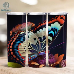 Butterflies and Flowers 20 oz Skinny Tumbler Sublimation Design | Butterfly Straight & Tapered 3D Tumbler Wrap | Instant Digital Download