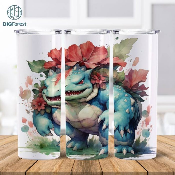 Pokemon Venusaur 20 oz Skinny Tumbler Sublimation Design | Bulbasaur Anime Straight & Tapered 3D Tumbler Wrap | Instant Digital Download