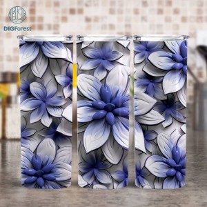 White Blue Flowers 20oz Skinny Tumbler Sublimation Design | Flowers Lover Straight & Tapered 3D Tumbler Wrap | Instant Digital Download