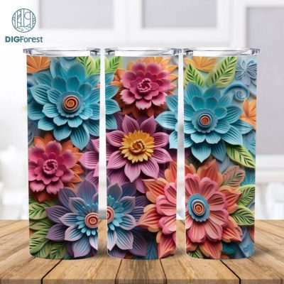 Flowers 20 oz Skinny Tumbler Sublimation Design | Flowers Lover Straight & Tapered 3D Tumbler Wrap | Instant Digital Download
