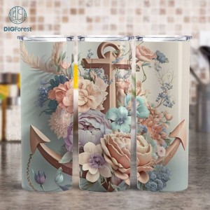 Anchor And Flowers 20 oz Skinny Tumbler Sublimation Design | Flowers Lover Straight & Tapered 3D Tumbler Wrap | Instant Digital Download