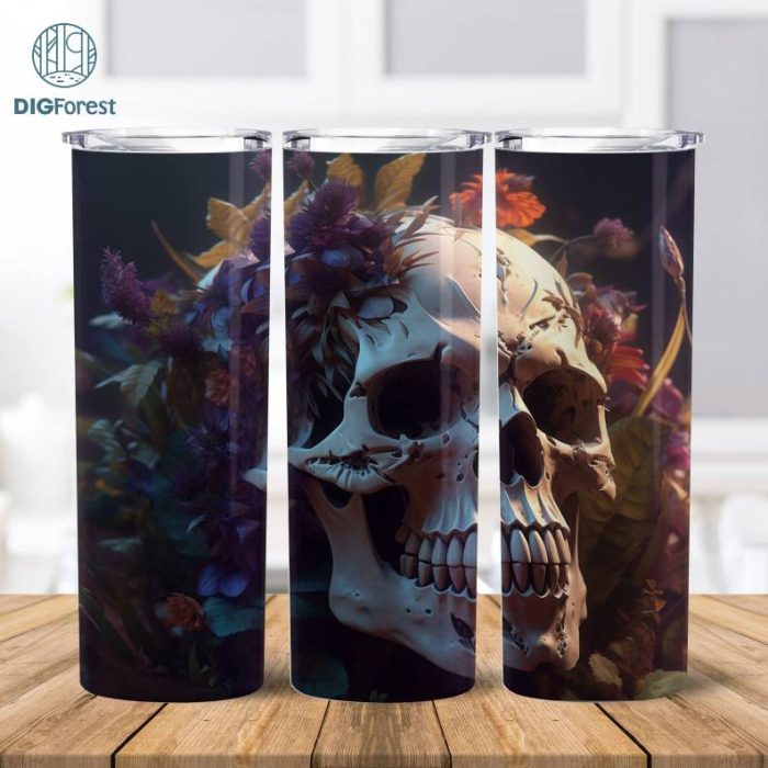 Skull Flowers Tumbler Sublimation Wrap | Floral Skull 3D Tumbler Wrap | Skull Watercolor Tumbler Png | Skull Watercolor Flowers Tumbler Wrap 20oz