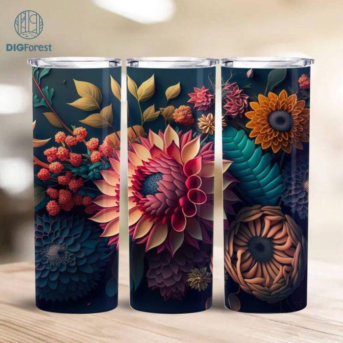 Instant Digital Download, White Blue Flowers 20oz Skinny Tumbler Sublimation Design, Flowers Lover Straight & Tapered 3D Tumbler Wrap