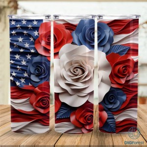 3D American Flag Flowers Tumbler Wrap, Skinny Tumbler Sublimation Design, Patriotic 4th of July Tumbler Wrap, Digital Download PNG