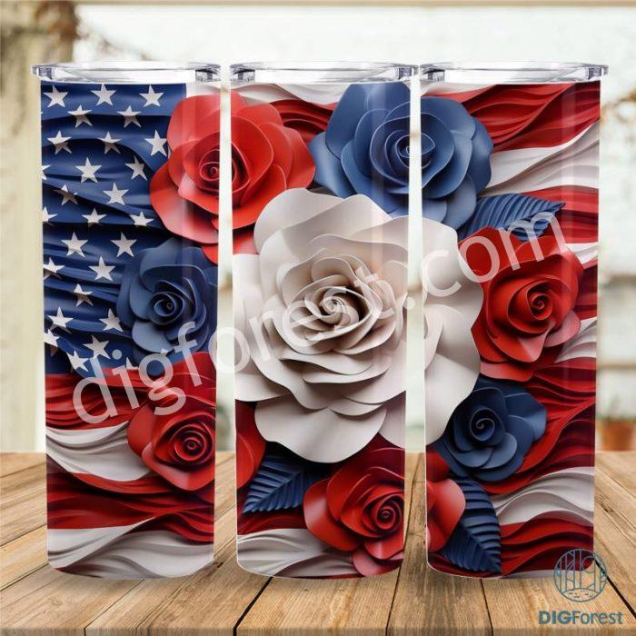 3D American Flag Flowers Tumbler Wrap, Skinny Tumbler Sublimation Design, Patriotic 4th of July Tumbler Wrap, Digital Download PNG