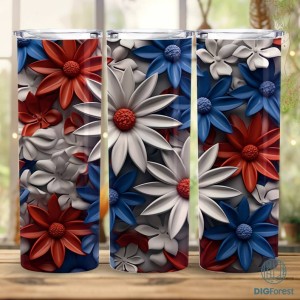 3D Flowers American Flag 4th of July Tumbler Wrap | Skinny Tumbler sublimation designs | Patriotic Tumbler Wrap Png | Instant Download Files
