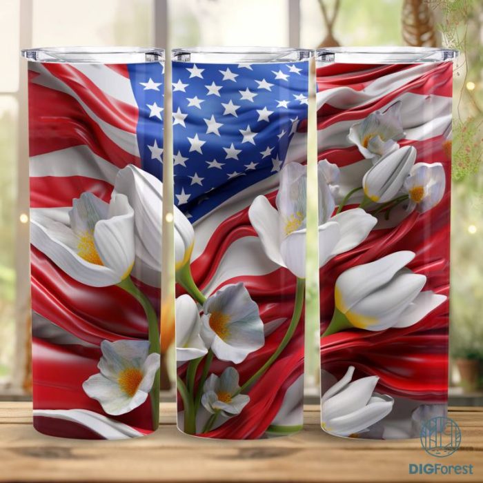 4th of July Flowers Tumbler Wrap, 20 oz Skinny Tumbler Sublimation Design, Floral Tumbler Wrap Png, Patriotic 4th of July Tumbler Design