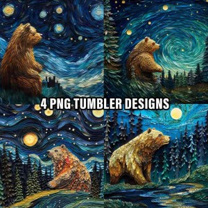 3D Bear Starry Night Tumbler Wrap Bundle | Van Gogh Starry Night Tumbler Sublimation | Skinny Tumbler Sublimation Designs | Digital Download