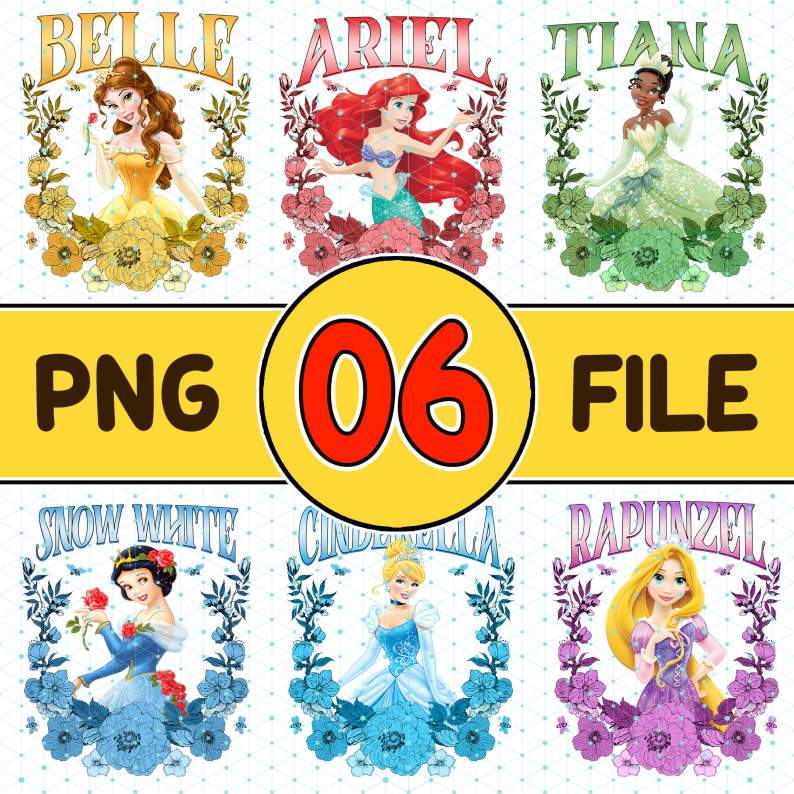 Disney Floral Princess Bundle Png | Ariel Belle Jasmine Cinderella Princess Png | Princess Sublimation Bundle | Girls Trip Tee | Princess Birthday