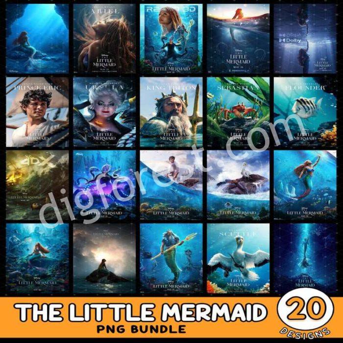 Little Mermaid 20 Designs Bundle Png | Ariel Princess Print Art | Black Mermaid Princess Poster | Little Mermaid Movie Wall Art Decor