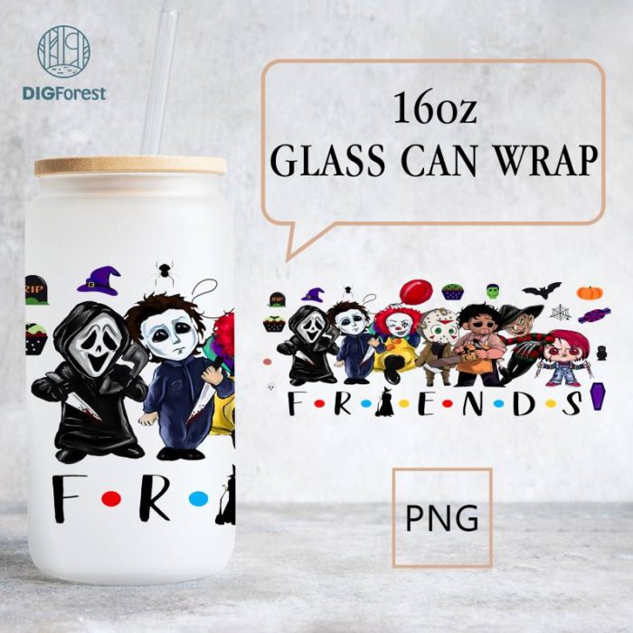 16oz Libbey Glass Can Halloween Horror Wrap Design, Horror Movie Characters Friends Glass Wrap PNG, 16oz Libbey Glass Can Wrap, Scary Faces, Horror movie Villains Libbey Tumbler Wrap Template