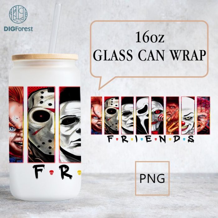 16oz Libbey Glass Can Wrap, Scary Faces, Horror movie Villains Libbey Tumbler Wrap Template, Horror Movie Characters Friends Glass Wrap PNG