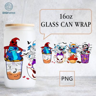 Halloween Costume Disney Stitch Coffee Glass Wrap png, 16oz Libbey Glass Can Wrap, Trick Or Treat, Spooky Vibes, Stitch Horror friends Tumbler Wrap