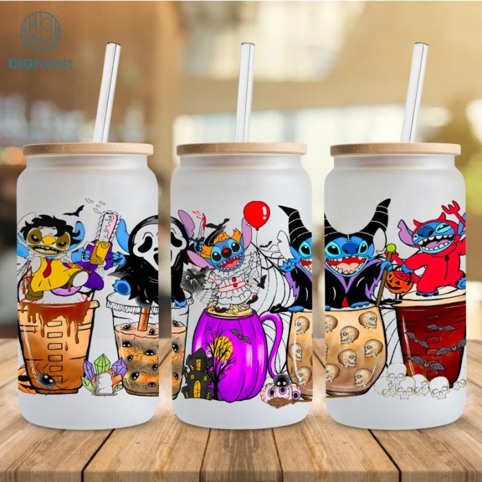 Disney Halloween Costume Stitch Coffee Glass Wrap png, 16oz Libbey Glass Can Wrap, Trick Or Treat, Spooky Vibes, Stitch Horror friends Tumbler Wrap