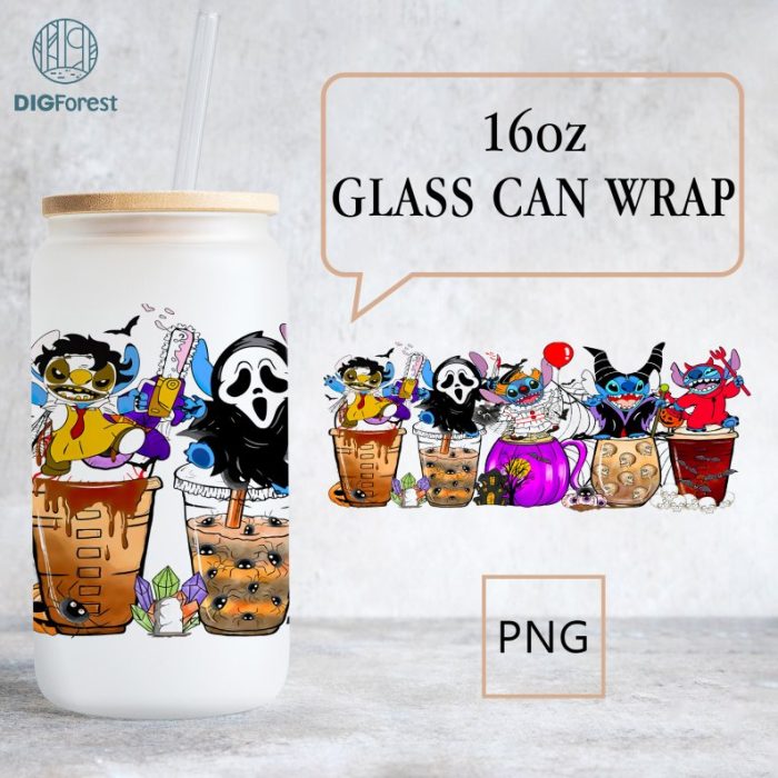 Disney Halloween Costume Stitch Coffee Glass Wrap png, 16oz Libbey Glass Can Wrap, Trick Or Treat, Spooky Vibes, Stitch Horror friends Tumbler Wrap